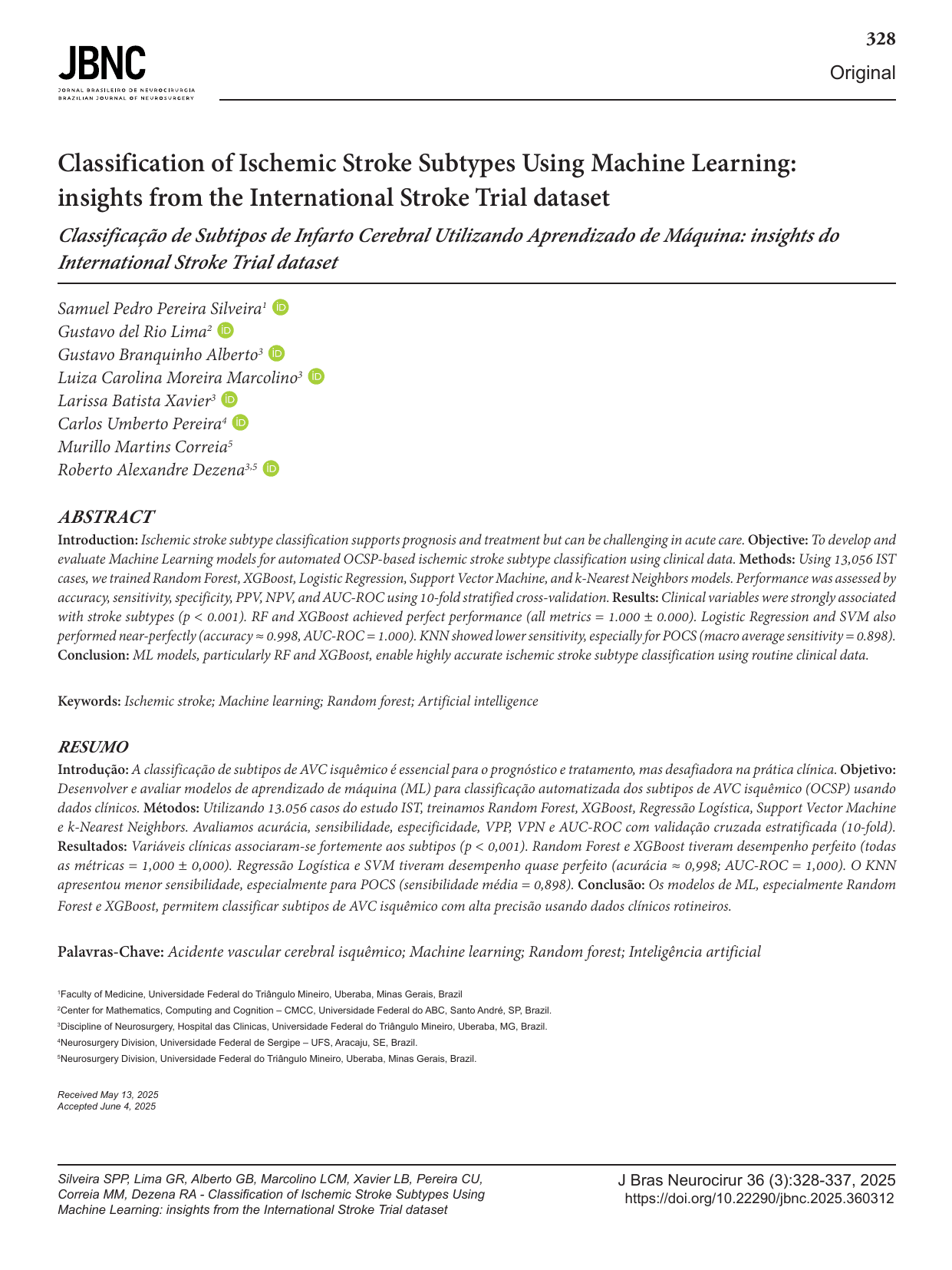 Classification of Ischemic Stroke Subtypes Using Machine Learning